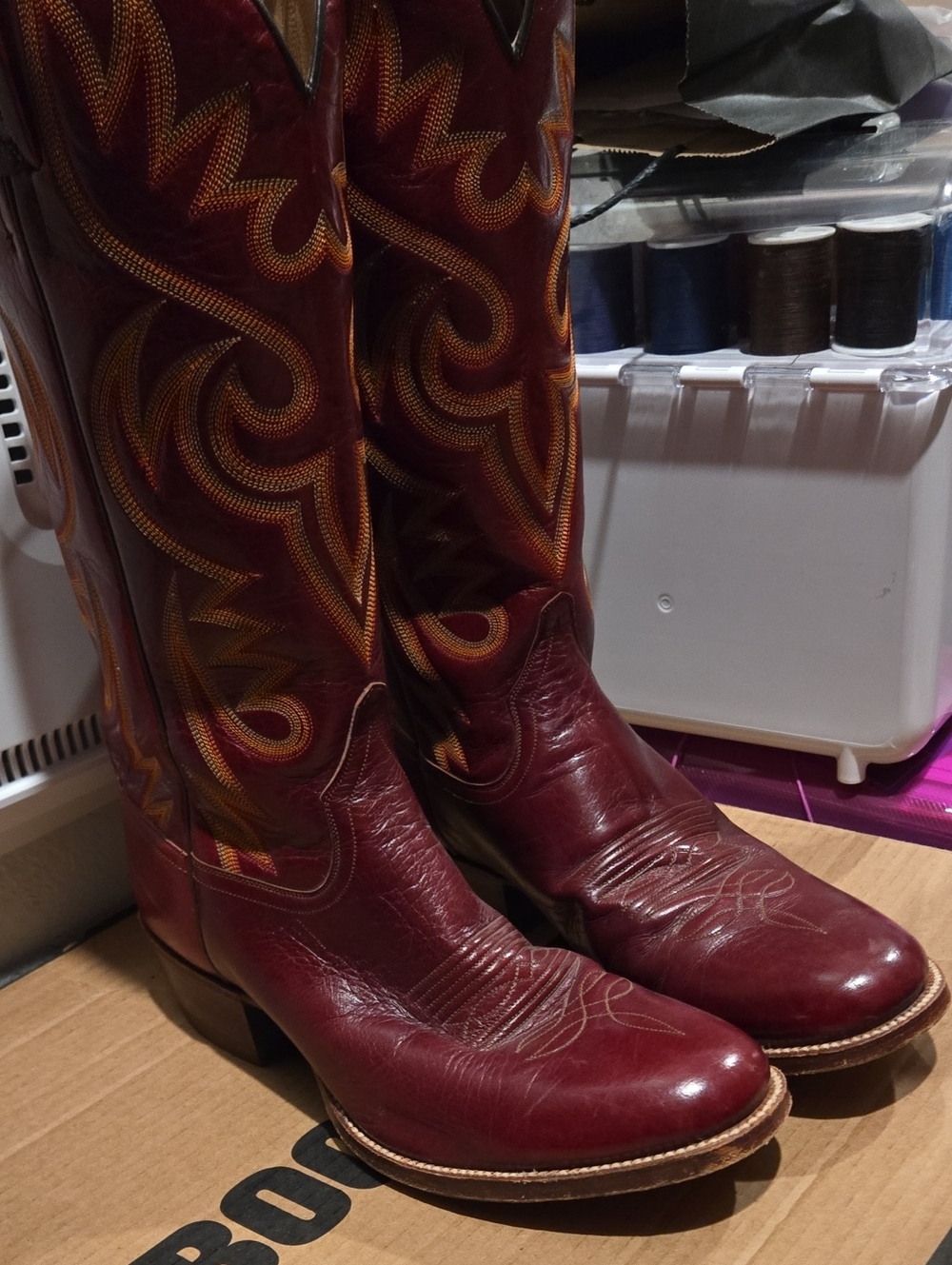 Burgundy Embroidered Leather Cowboy Boots From Spain.